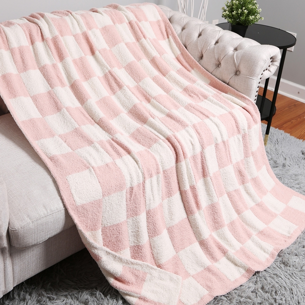 Pink CheckerBoard Patterned Two Tone Blanket Design Reversible Throw - Picture 2 of 5
